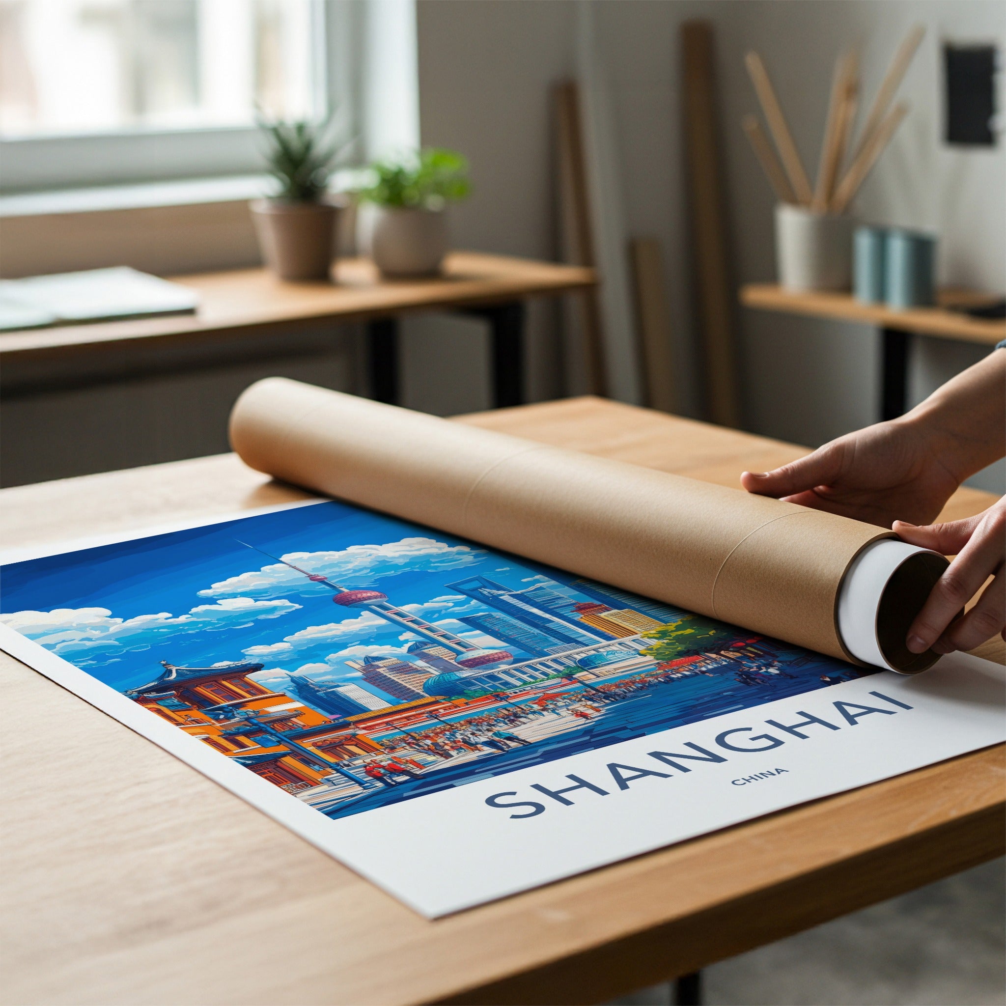 Shanghai Poster - China Travel Art - Iconic Skyline Street Home Decor