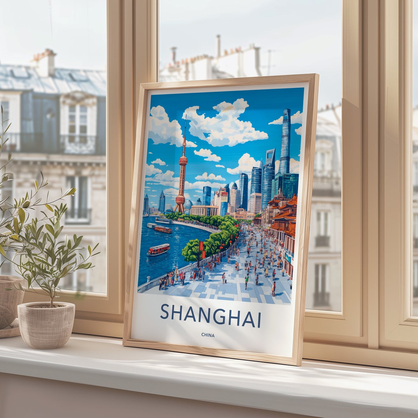 Shanghai Poster - China Travel Art - Iconic skyline waterfront Home Decor