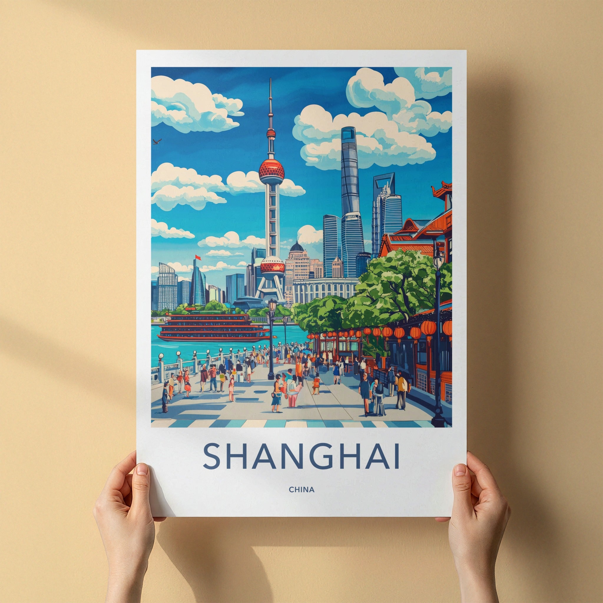 Shanghai Poster - China Travel Art - Riverfront Cityscape Promenade Home Decor