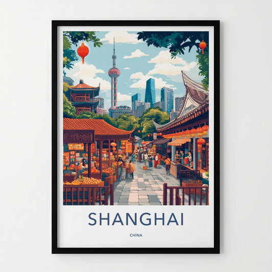 Shanghai Poster - China Travel Art - Vibrant Market Skyline Home Decor