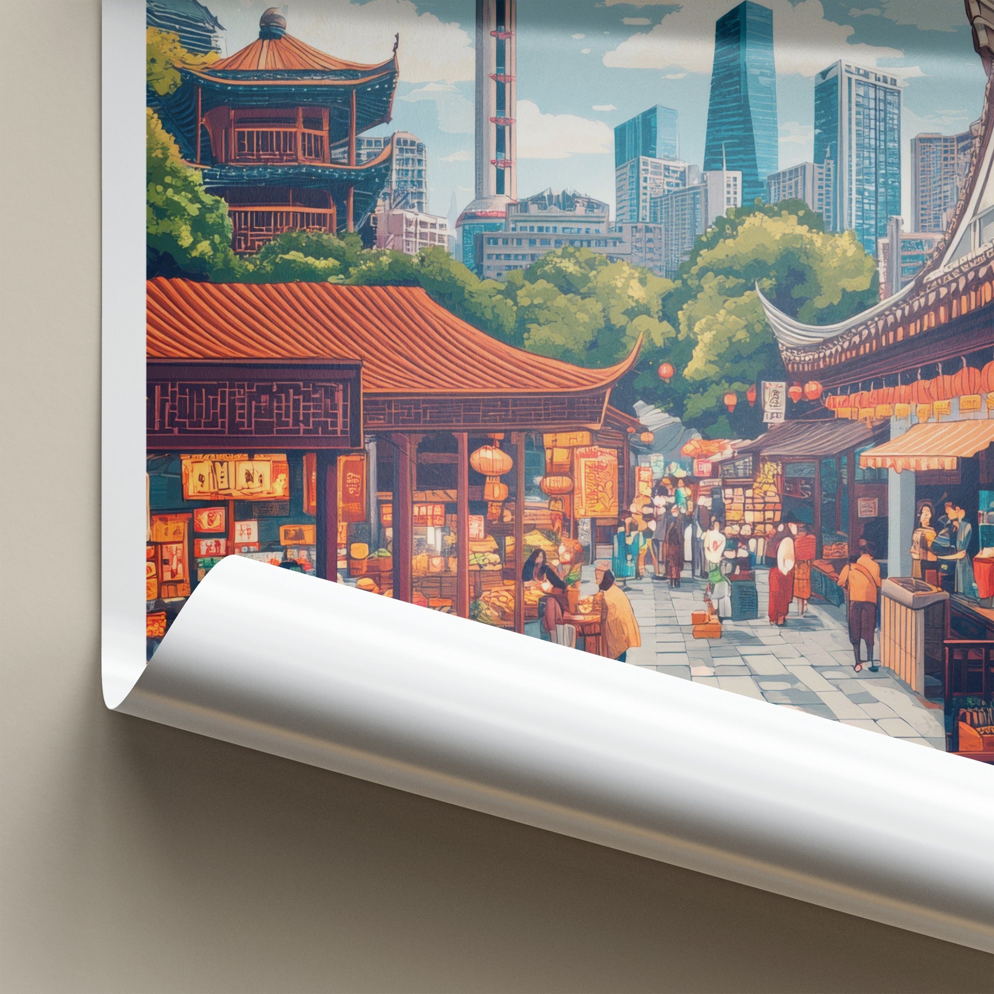 Shanghai Poster - China Travel Art - Vibrant Market Skyline Home Decor