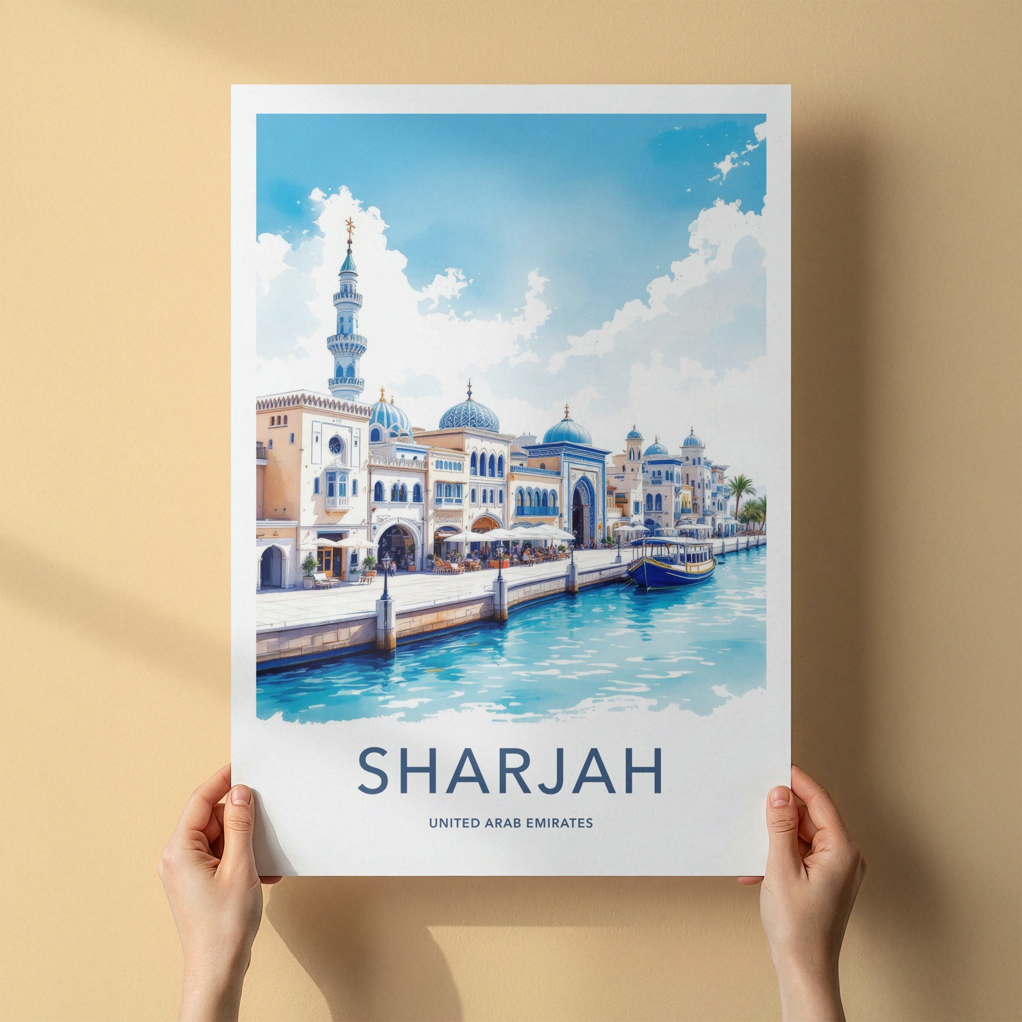 Sharjah Poster - United Arab Emirates Travel Art - Canal Domes Minaret Home Decor