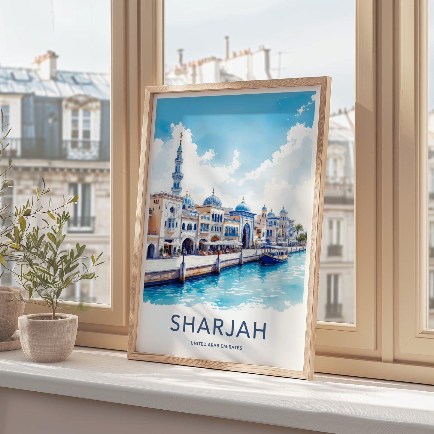 Sharjah Poster - United Arab Emirates Travel Art - Canal Domes Minaret Home Decor