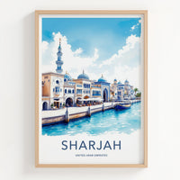 Sharjah Poster - United Arab Emirates Travel Art - Canal Domes Minaret Home Decor
