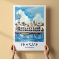 Sharjah Poster - United Arab Emirates Travel Art - Waterfront Buildings Mosque Home Decor