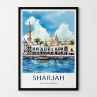 Sharjah Poster - United Arab Emirates Travel Art - Waterfront Buildings Mosque Home Decor