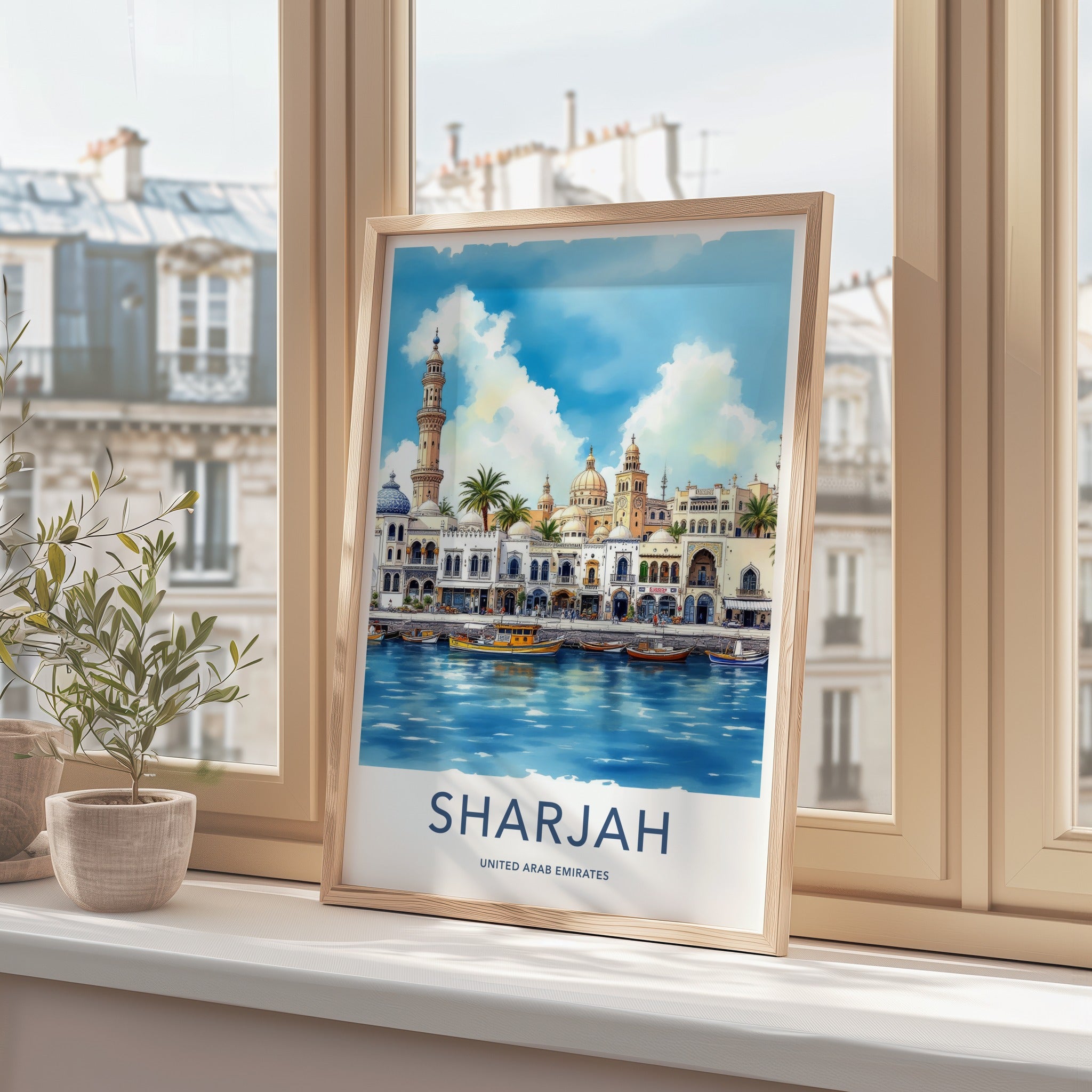Sharjah Poster - United Arab Emirates Travel Art - Waterfront Buildings Mosque Home Decor