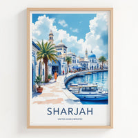 Sharjah Poster - United Arab Emirates Travel Art - White Blue Waterfront Wall Decor