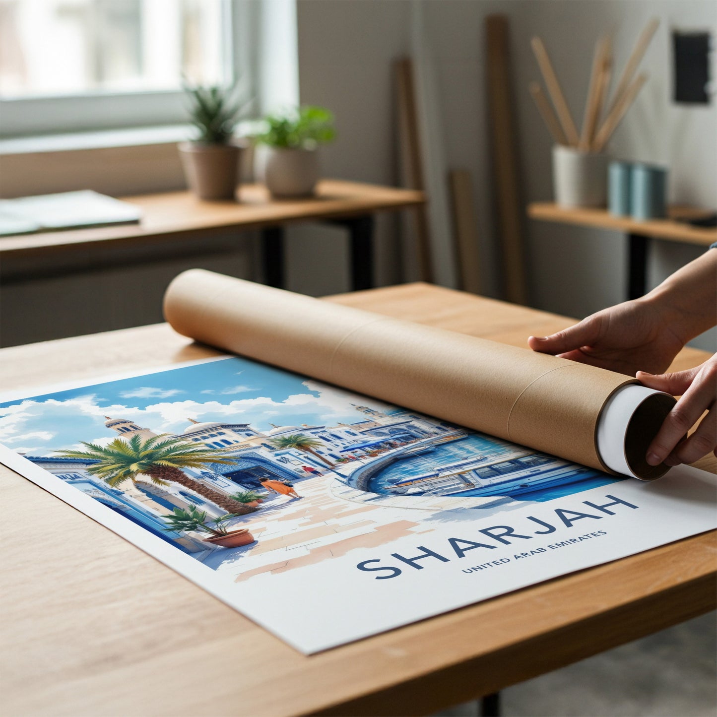 Sharjah Poster - United Arab Emirates Travel Art - White Blue Waterfront Wall Decor