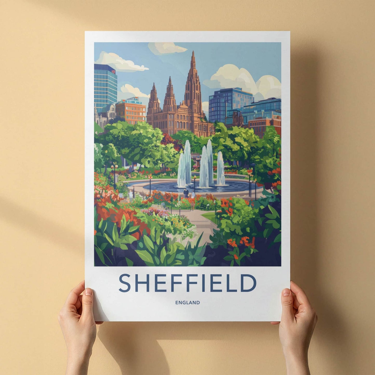 Sheffield Poster - England Travel Art - Urban Fountain Garden Home Decor