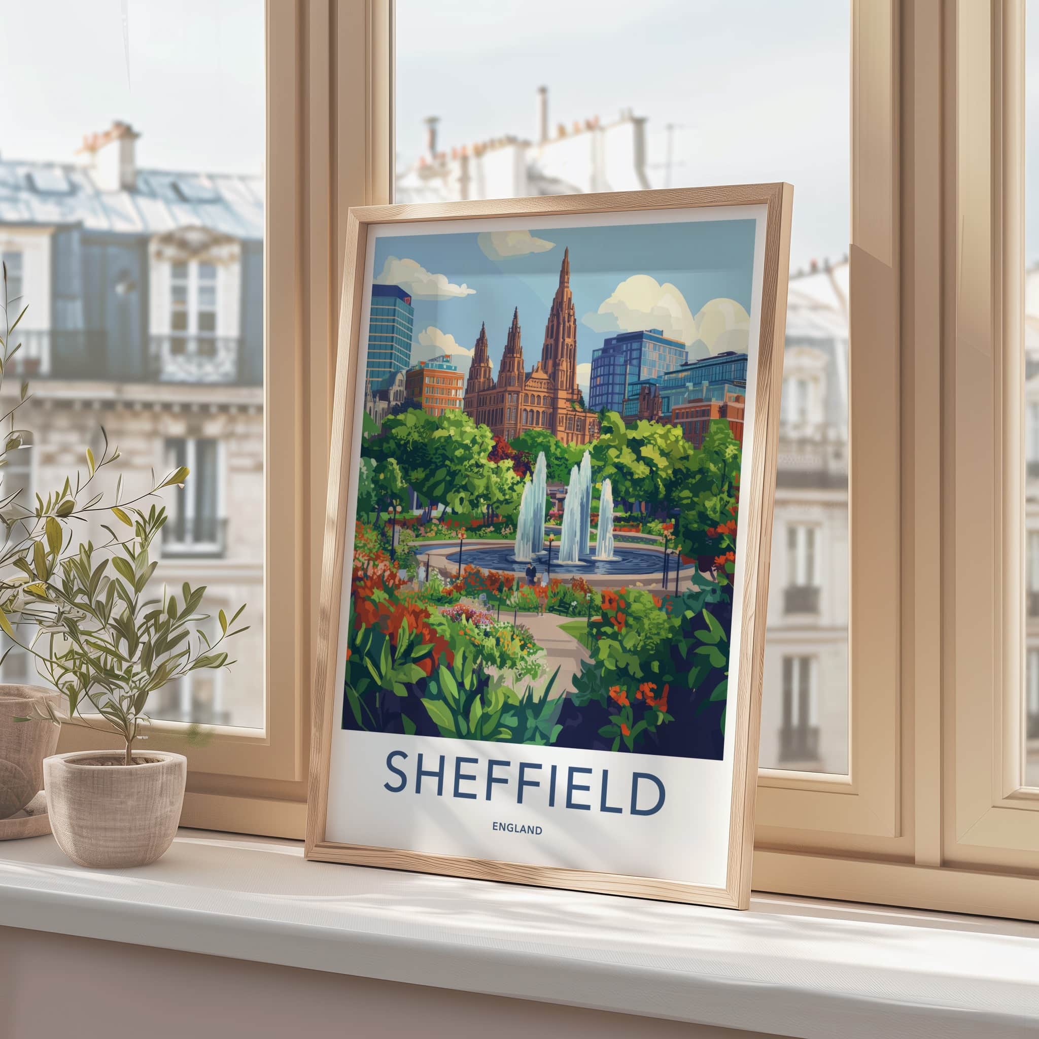 Sheffield Poster - England Travel Art - Urban Fountain Garden Home Decor