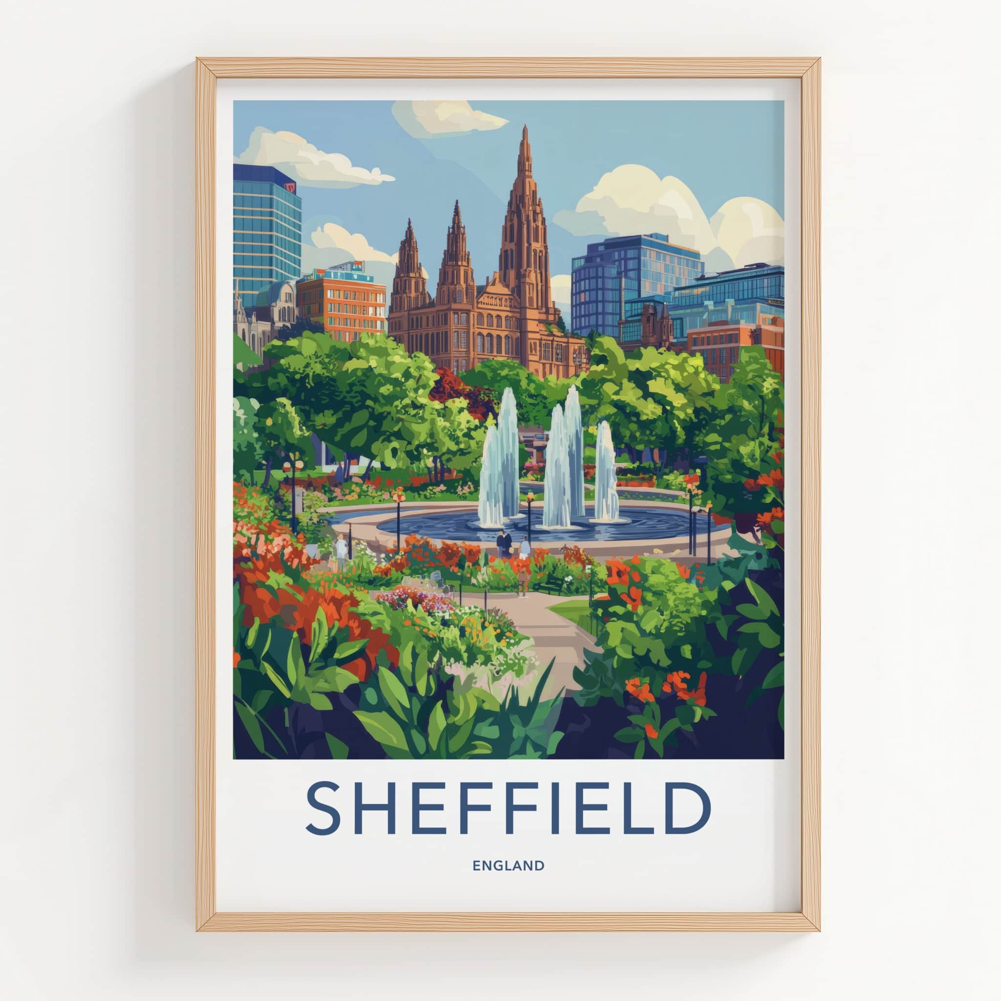Sheffield Poster - England Travel Art - Urban Fountain Garden Home Decor