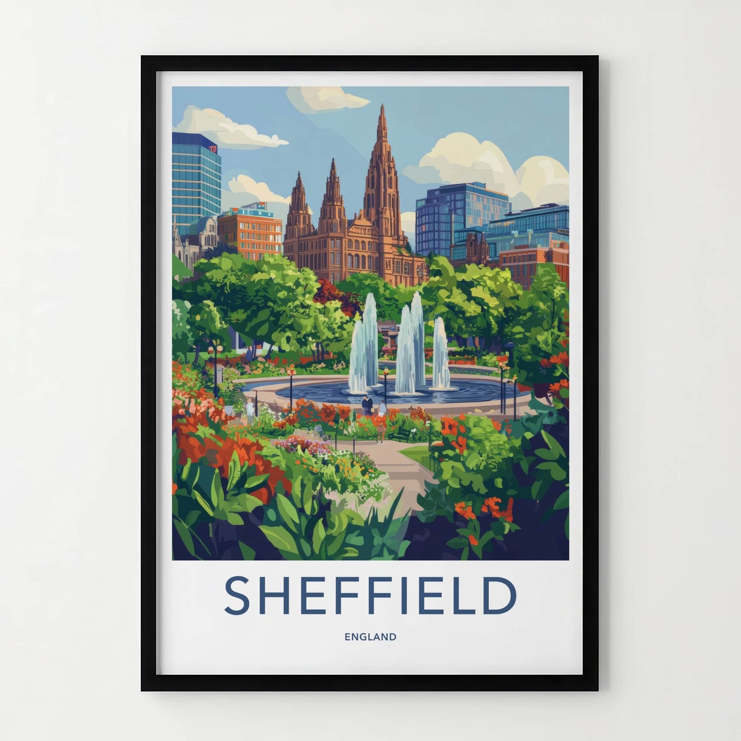 Sheffield Poster - England Travel Art - Urban Fountain Garden Home Decor