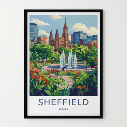Sheffield Poster - England Travel Art - Urban Fountain Garden Home Decor