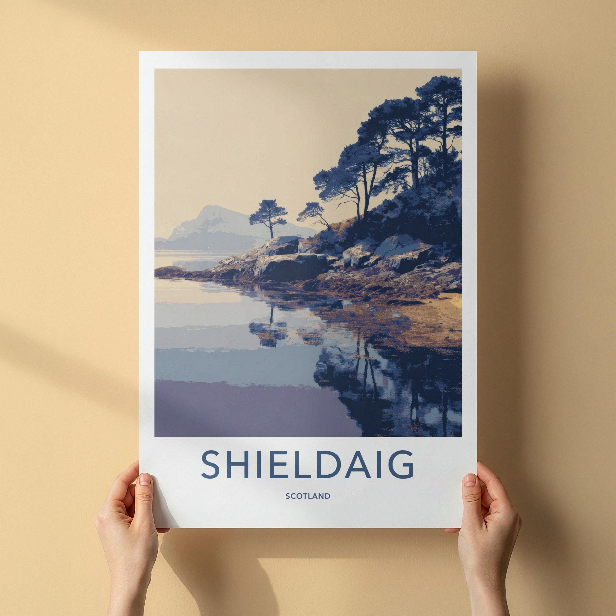 Shieldaig Poster - Scotland Travel Art - Coastal Pine Reflections Home Decor