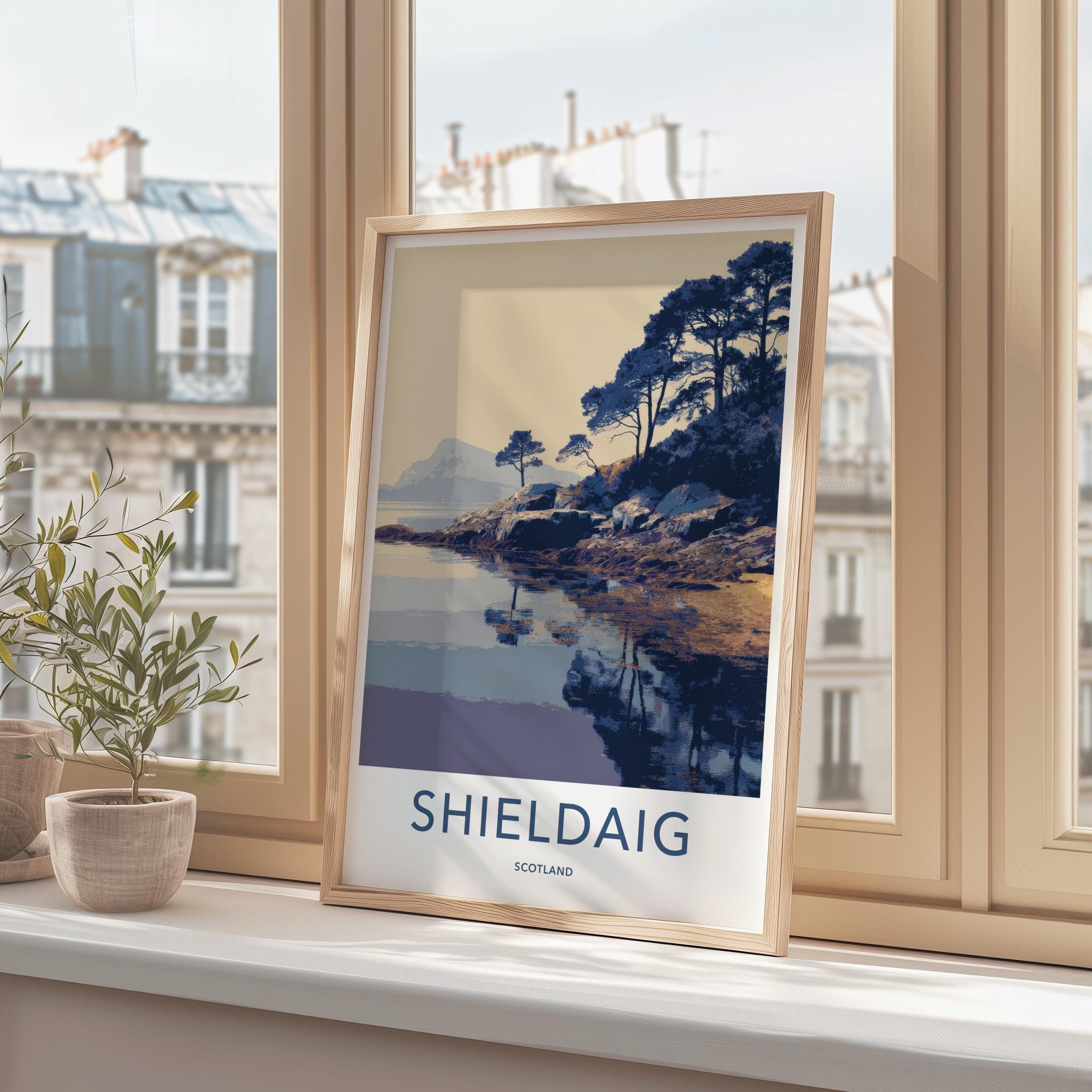 Shieldaig Poster - Scotland Travel Art - Coastal Pine Reflections Home Decor