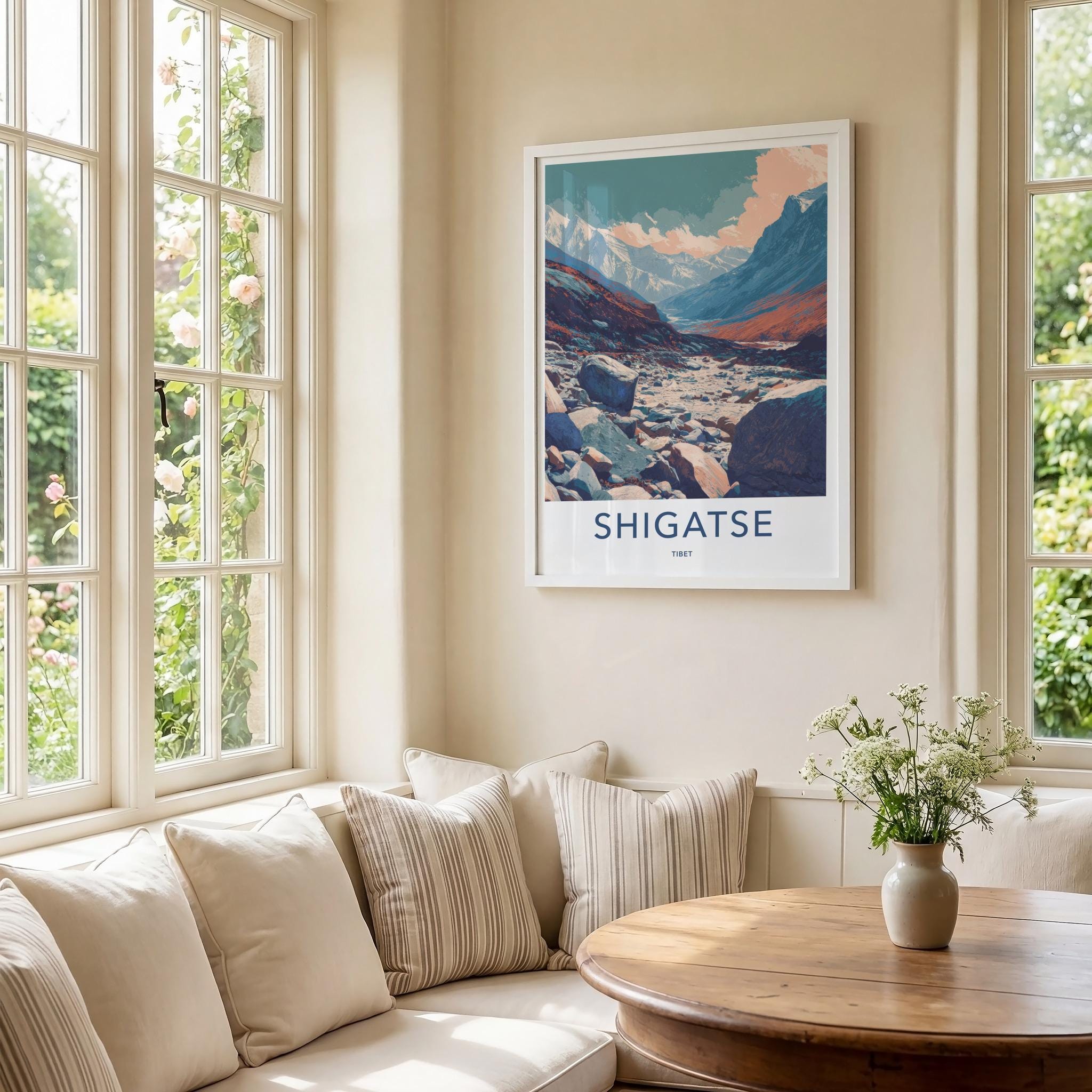 Shigatse Poster - Tibet Travel Art - Mountain River Valley Home Decor