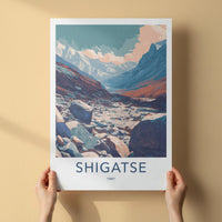 Shigatse Poster - Tibet Travel Art - Mountain River Valley Home Decor