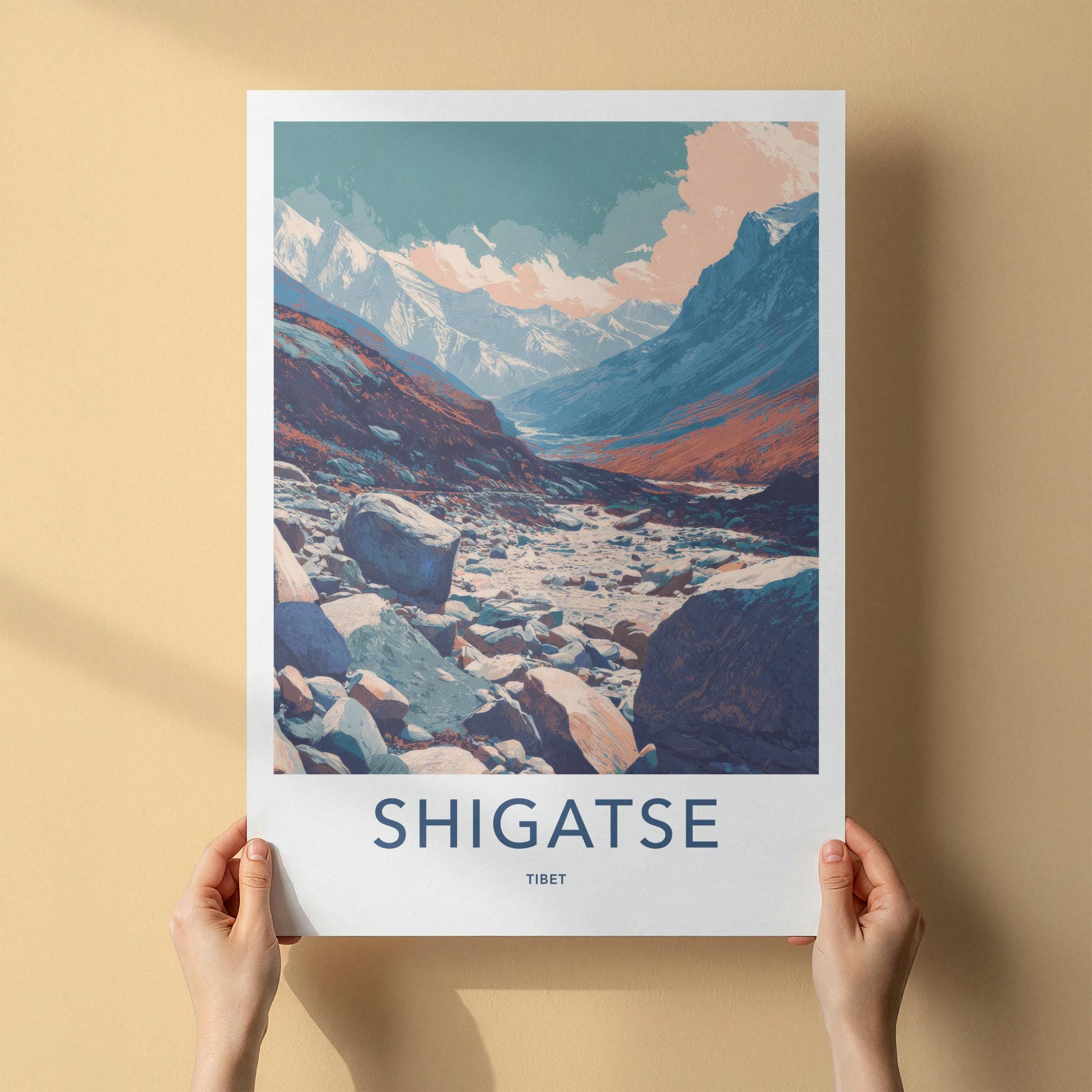Shigatse Poster - Tibet Travel Art - Mountain River Valley Home Decor