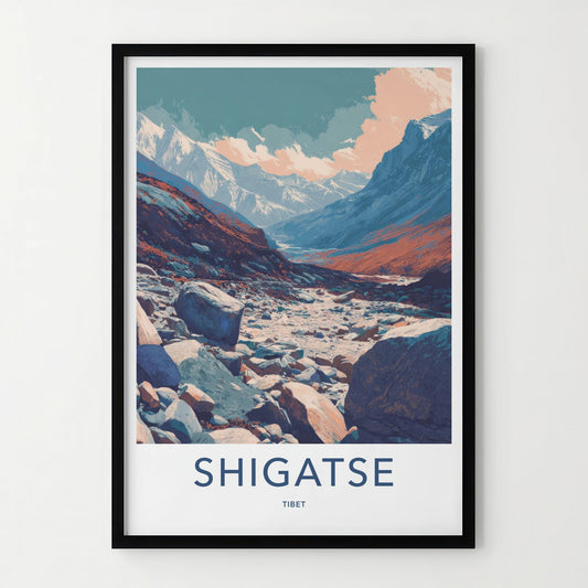 Shigatse Poster - Tibet Travel Art - Mountain River Valley Home Decor
