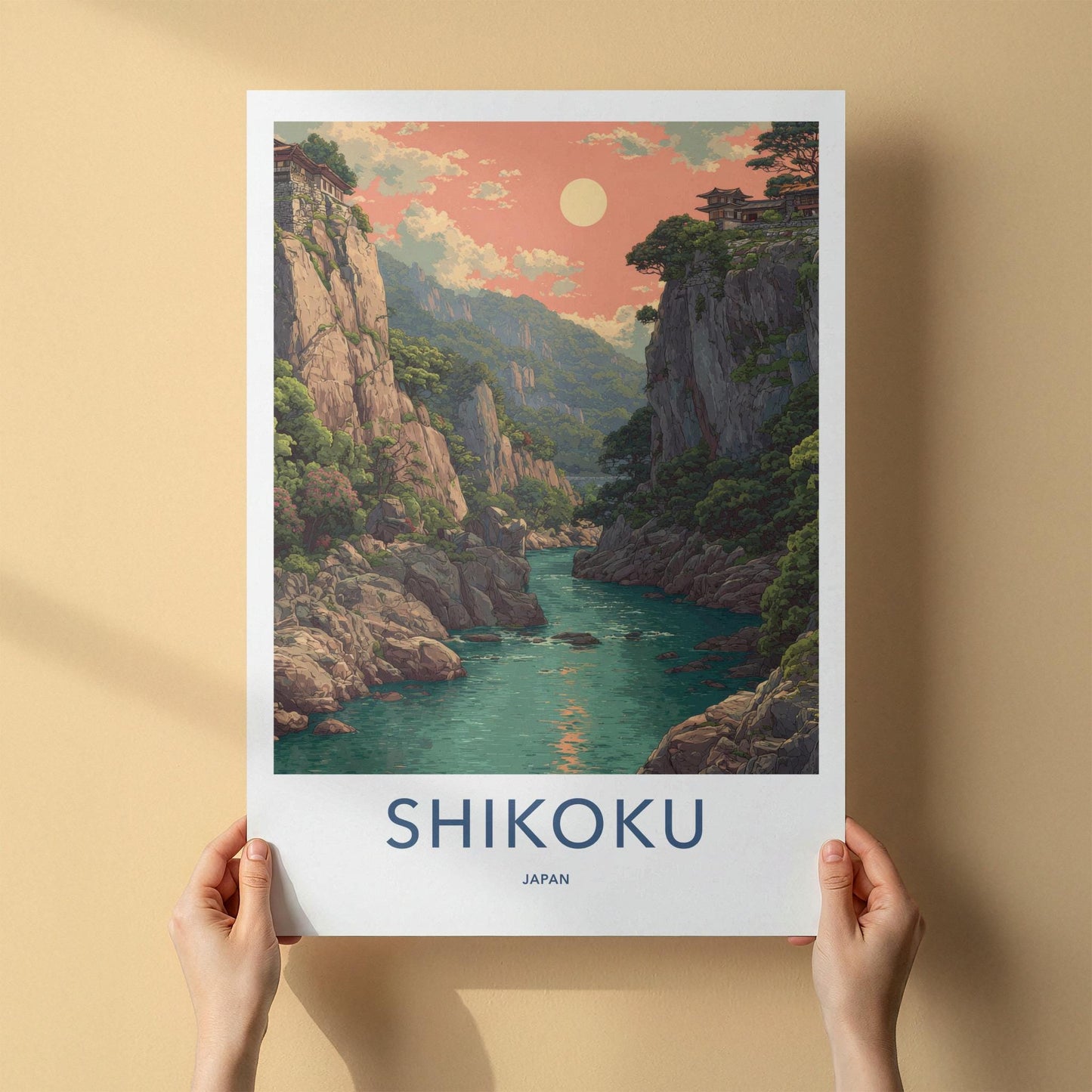 Shikoku Poster - Japan Travel Art - Ancient Cliffside Temples Wall Decor