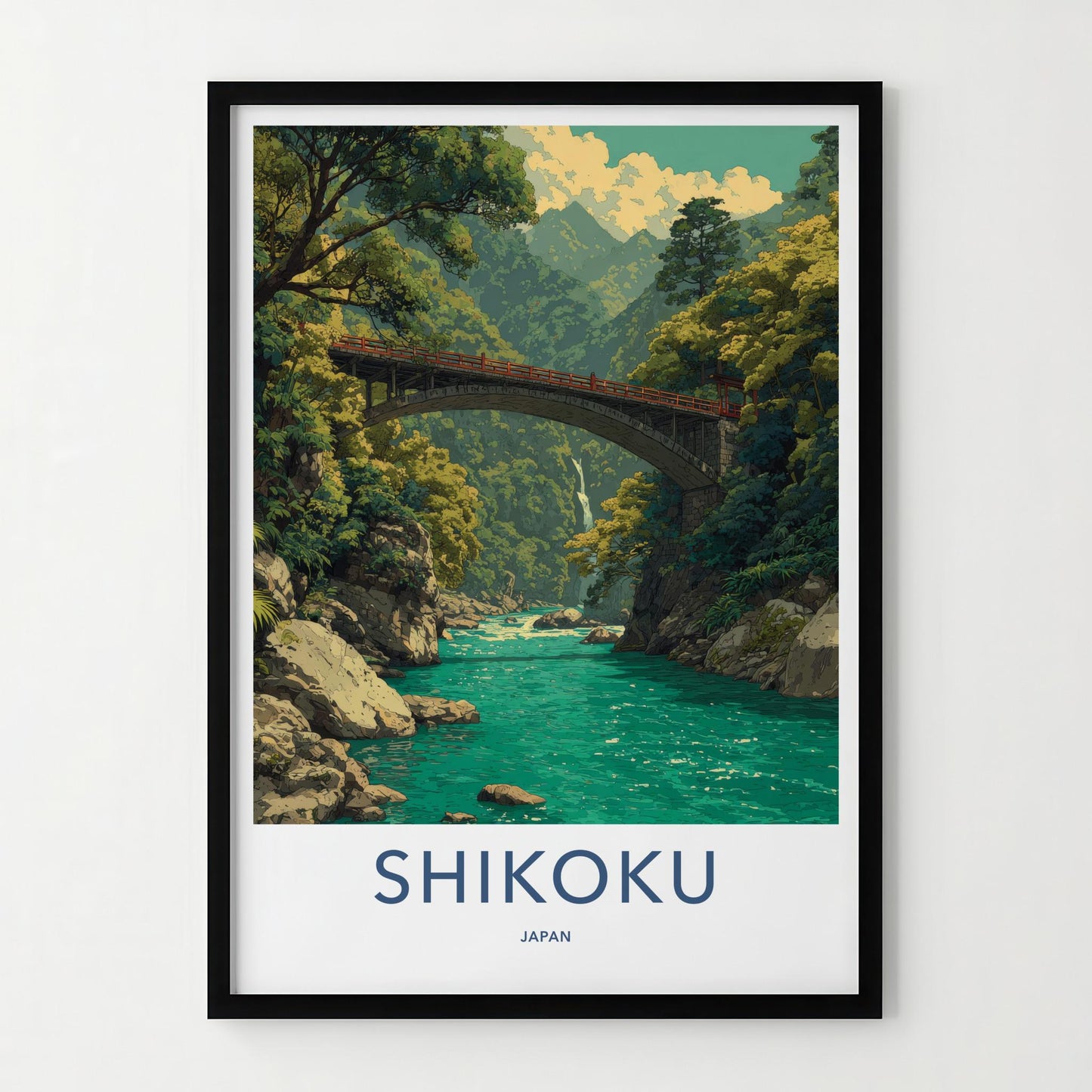 Shikoku Poster - Japan Travel Art - Mountain River Bridge Home Decor