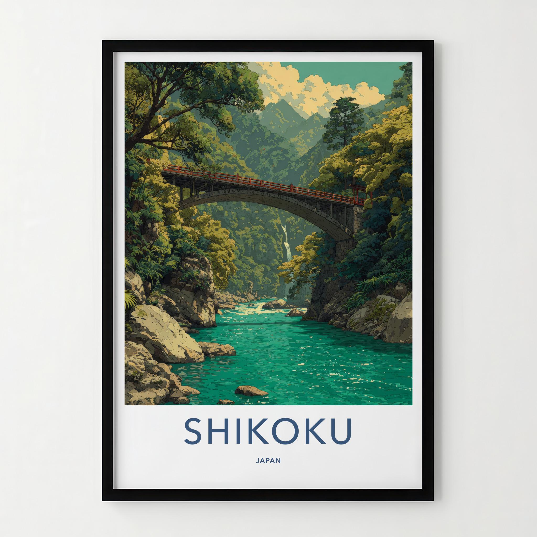 Shikoku Poster - Japan Travel Art - Mountain River Bridge Home Decor