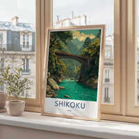 Shikoku Poster - Japan Travel Art - Mountain River Bridge Home Decor