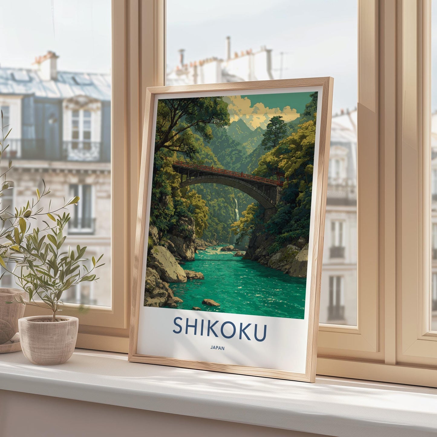 Shikoku Poster - Japan Travel Art - Mountain River Bridge Home Decor