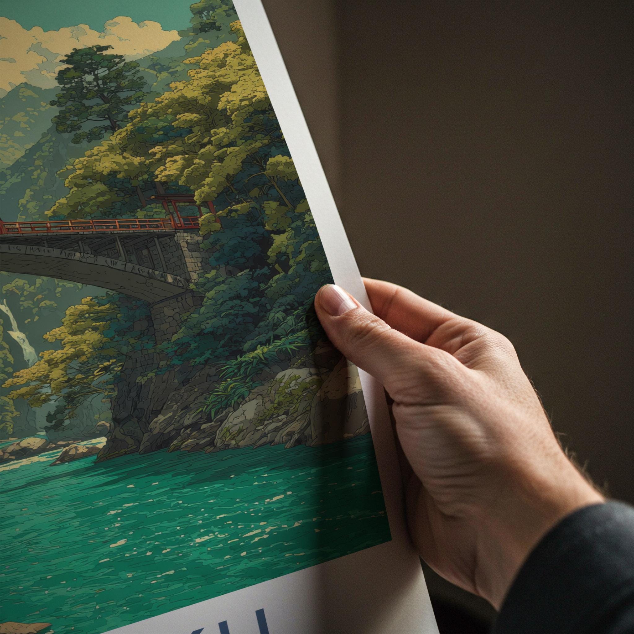 Shikoku Poster - Japan Travel Art - Mountain River Bridge Home Decor