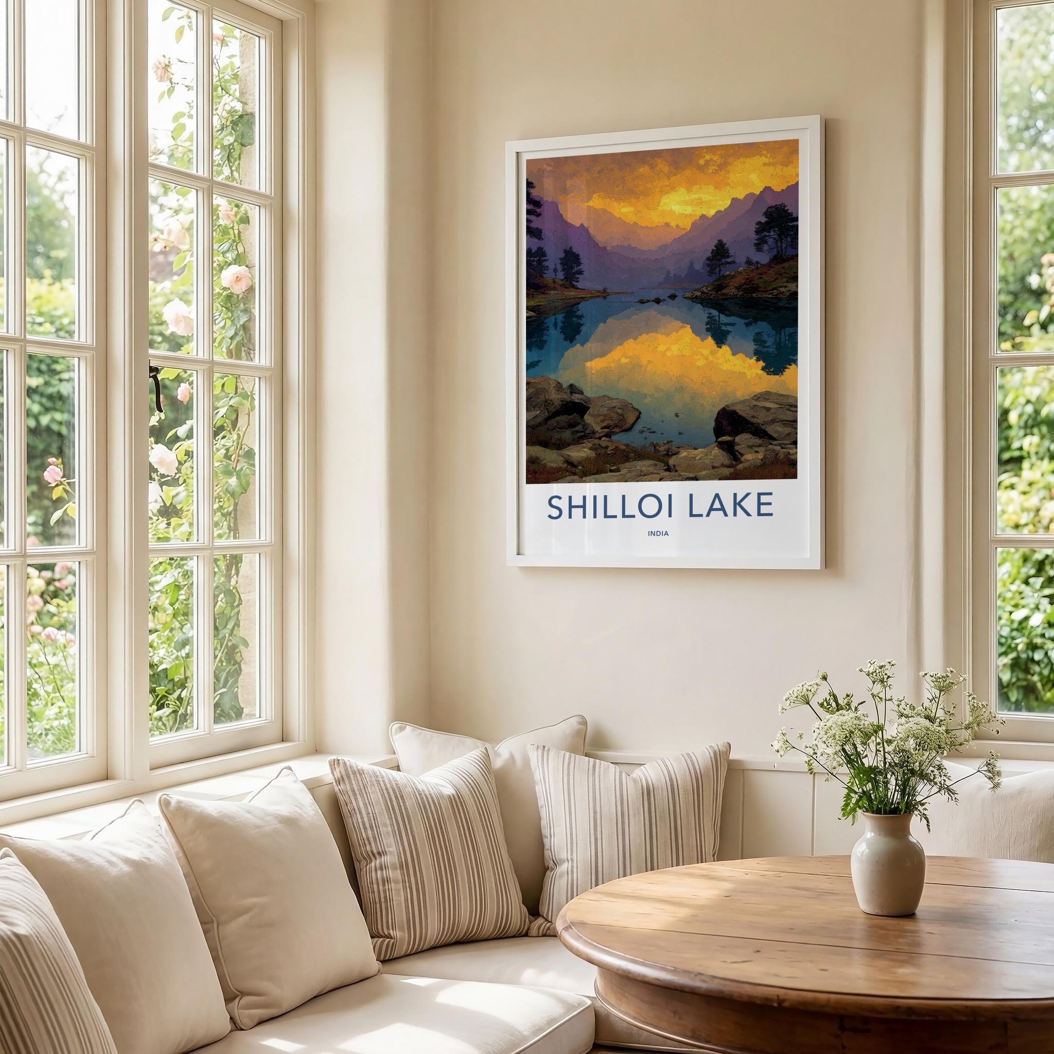 Shilloi Lake Poster - India Travel Art - Nagaland Golden Sky Reflection Home Decor
