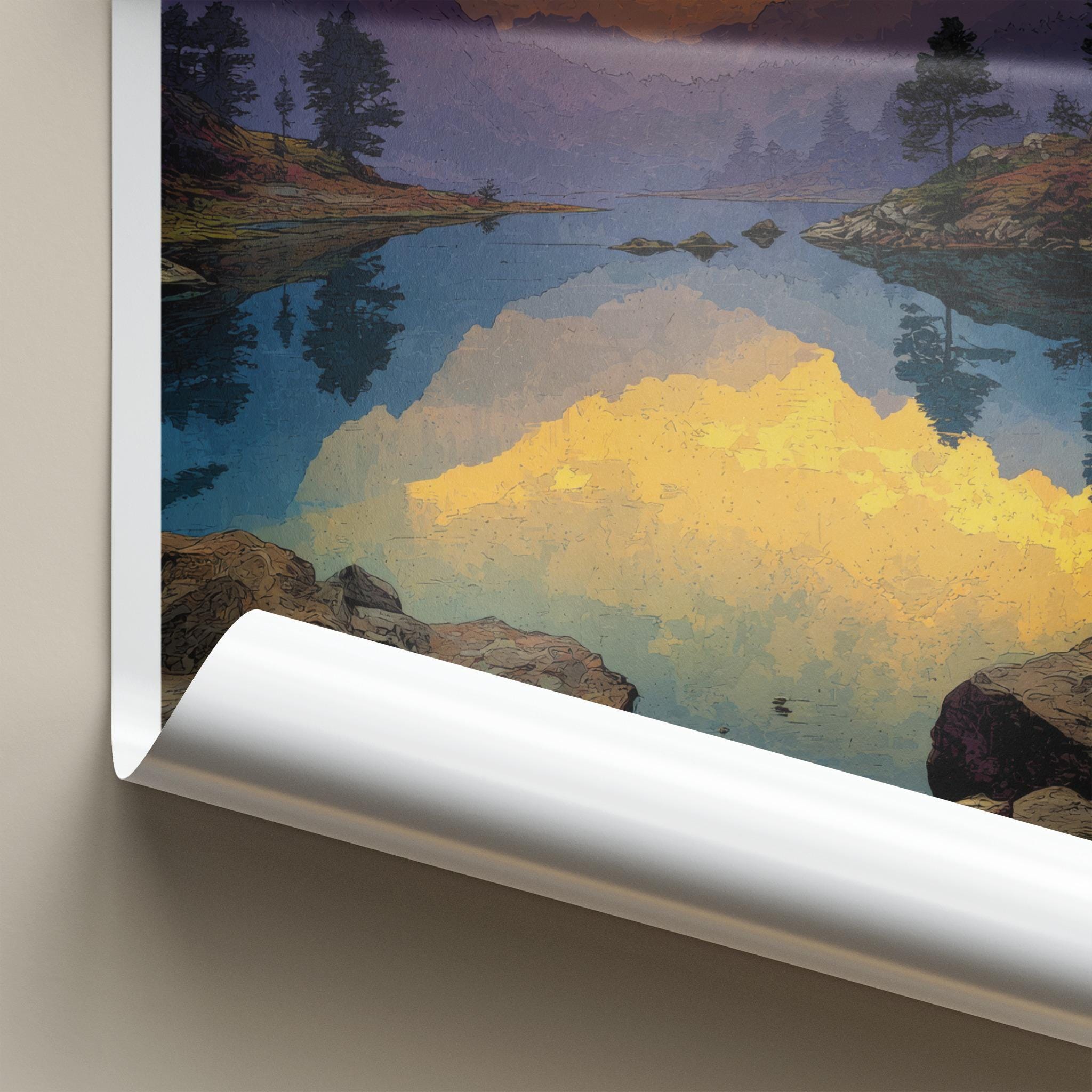 Shilloi Lake Poster - India Travel Art - Nagaland Golden Sky Reflection Home Decor