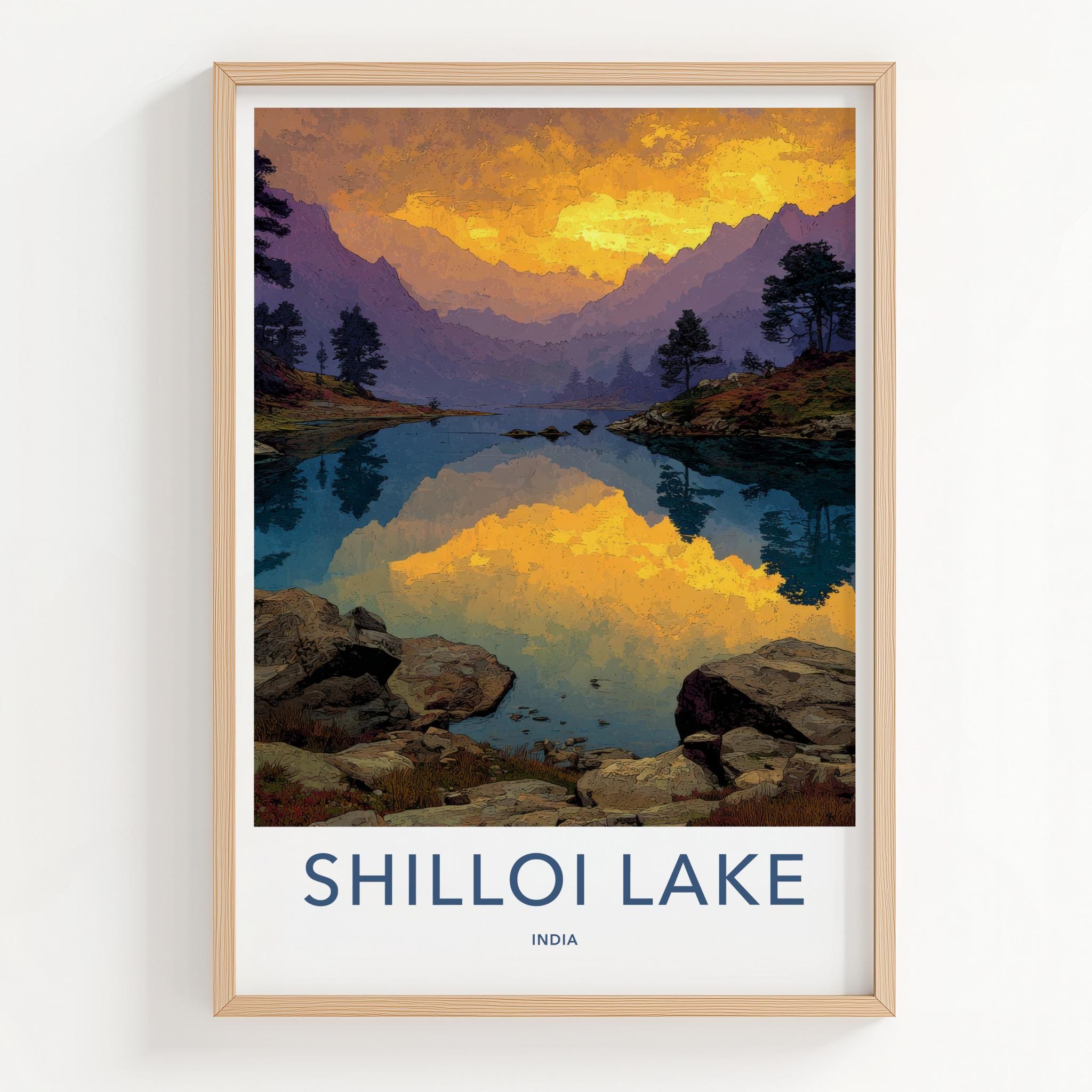 Shilloi Lake Poster - India Travel Art - Nagaland Golden Sky Reflection Home Decor