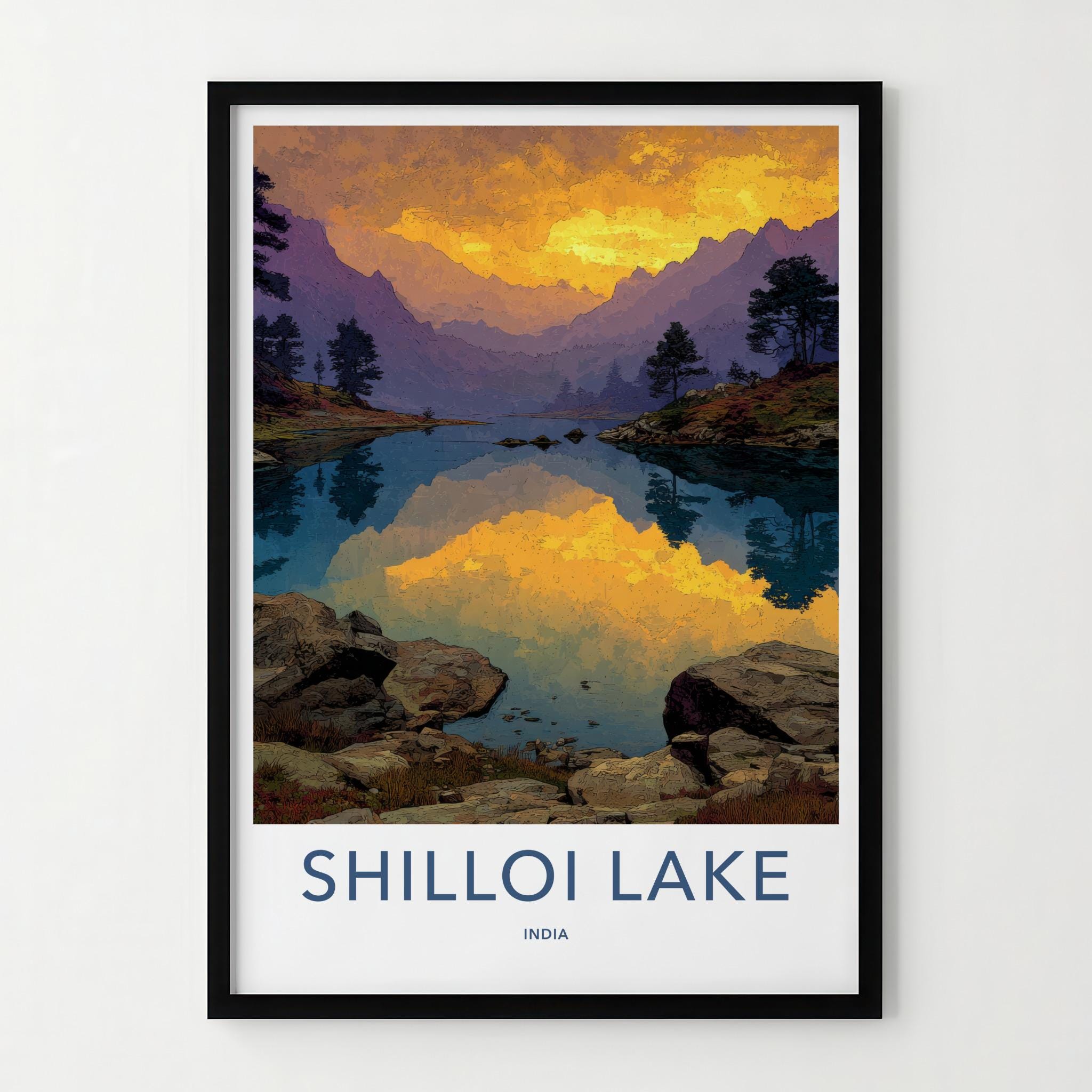 Shilloi Lake Poster - India Travel Art - Nagaland Golden Sky Reflection Home Decor