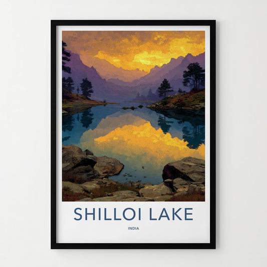 Shilloi Lake Poster - India Travel Art - Nagaland Golden Sky Reflection Home Decor