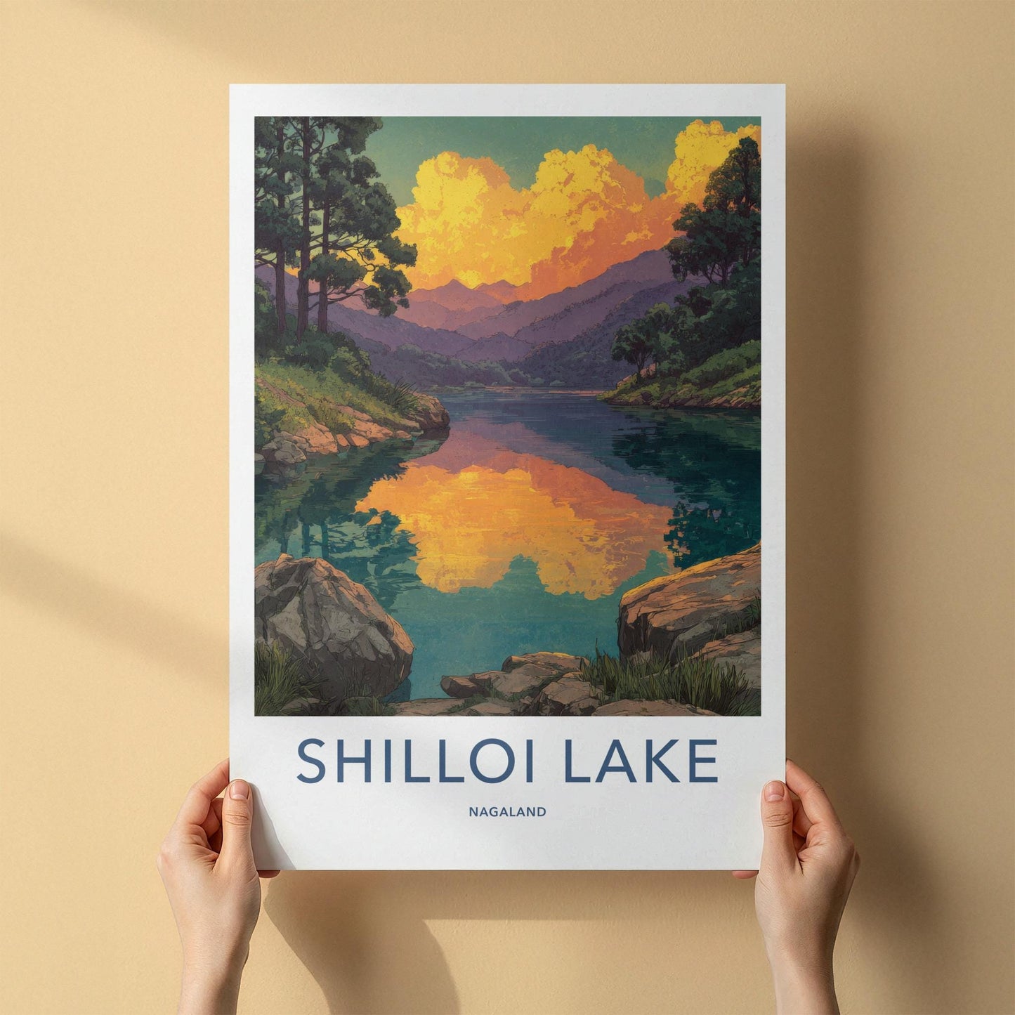 Shilloi Lake Poster - India Wall Art - Nagaland Golden Sky Reflection Home Decor
