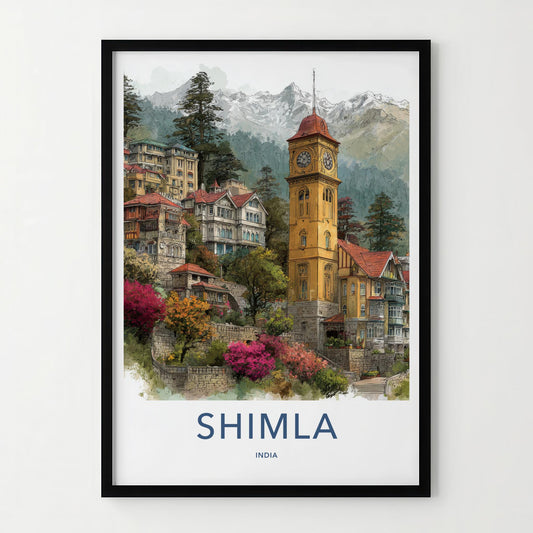 Shimla Poster - India Travel Art - Himachal Pradesh Hillside Clock Tower Home Decor