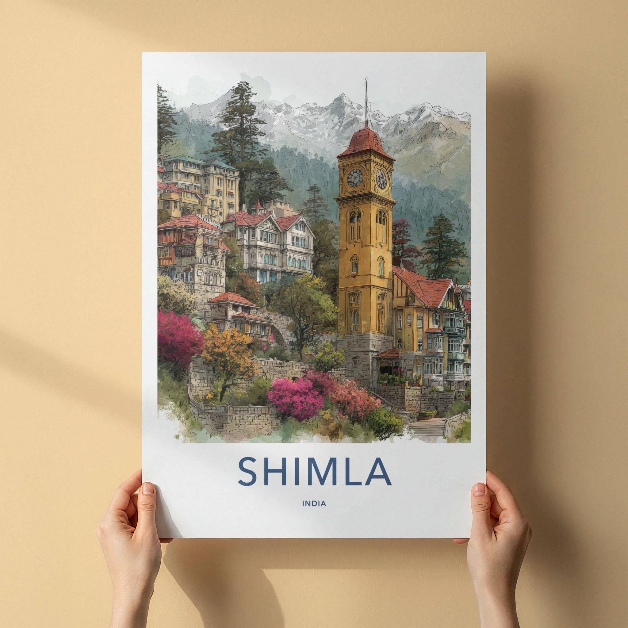 Shimla Poster - India Travel Art - Himachal Pradesh Hillside Clock Tower Home Decor