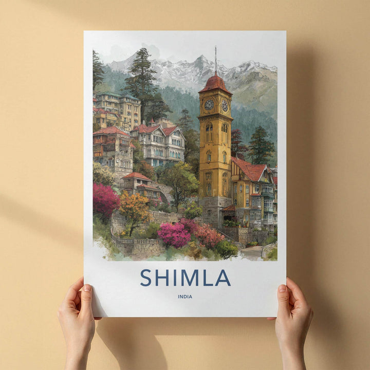 Shimla Poster - India Travel Art - Himachal Pradesh Hillside Clock Tower Home Decor