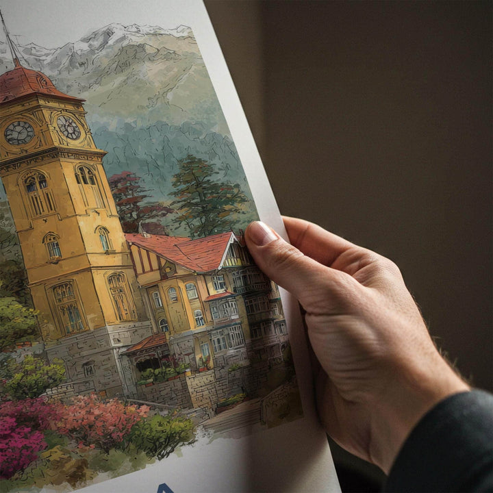 Shimla Poster - India Travel Art - Himachal Pradesh Hillside Clock Tower Home Decor
