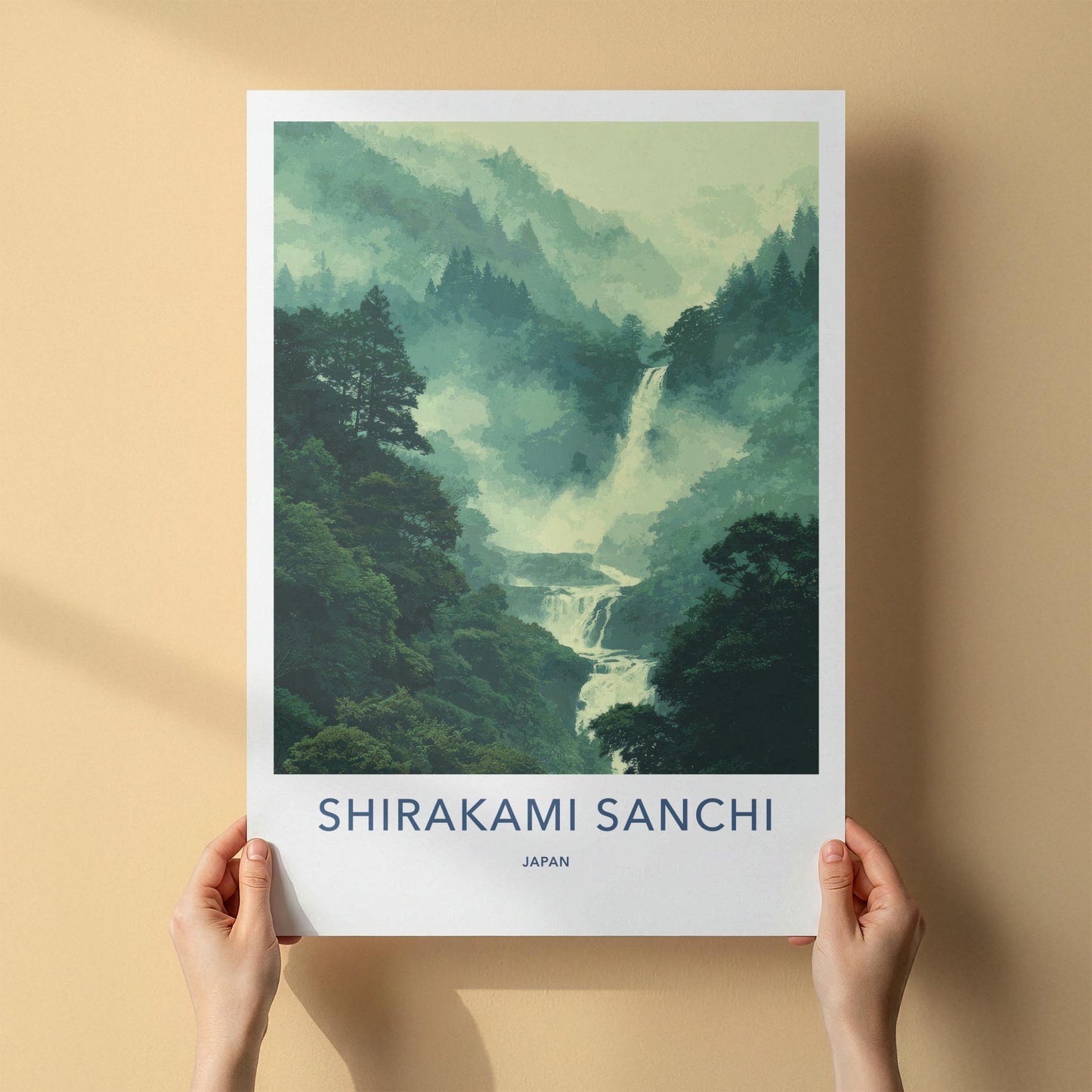 Shirakami Sanchi Poster - Japan Travel Art - Misty Forest Waterfall Home Decor