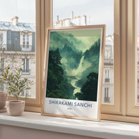 Shirakami Sanchi Poster - Japan Travel Art - Misty Forest Waterfall Home Decor
