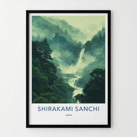 Shirakami Sanchi Poster - Japan Travel Art - Misty Forest Waterfall Home Decor