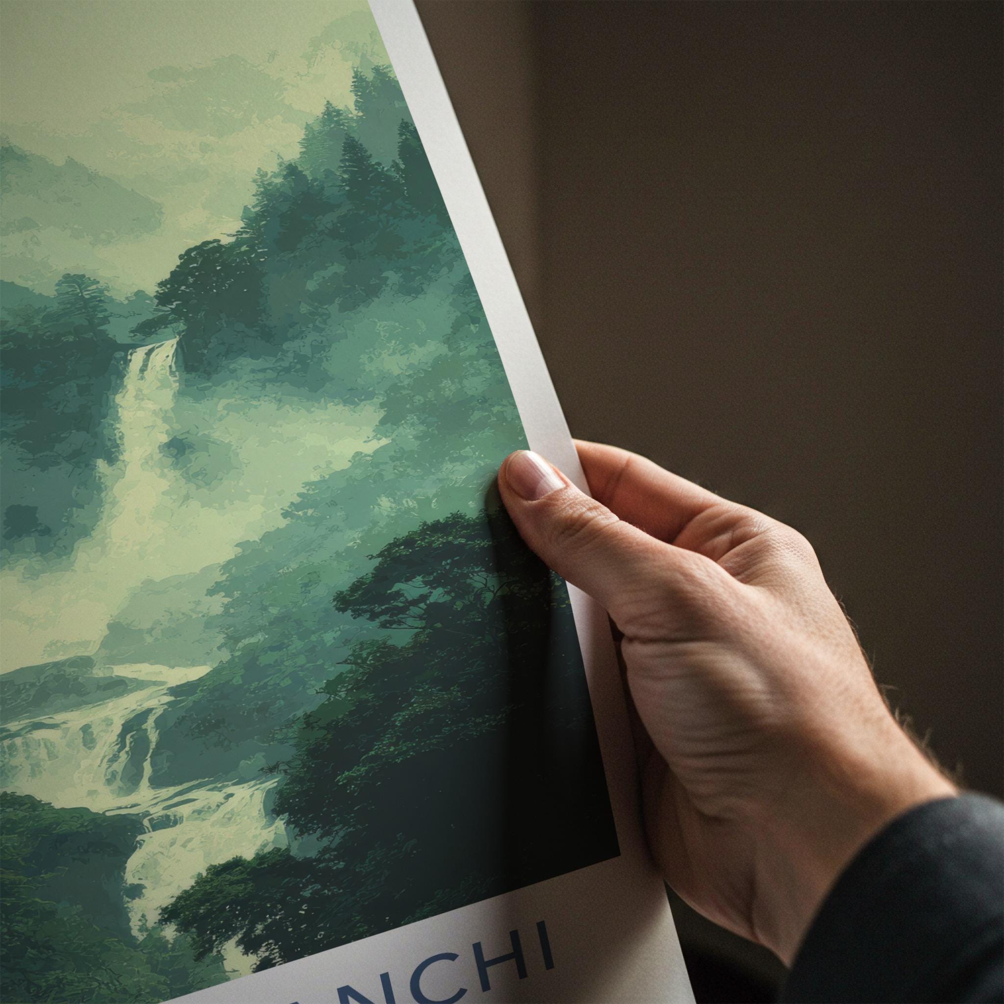 Shirakami Sanchi Poster - Japan Travel Art - Misty Forest Waterfall Home Decor
