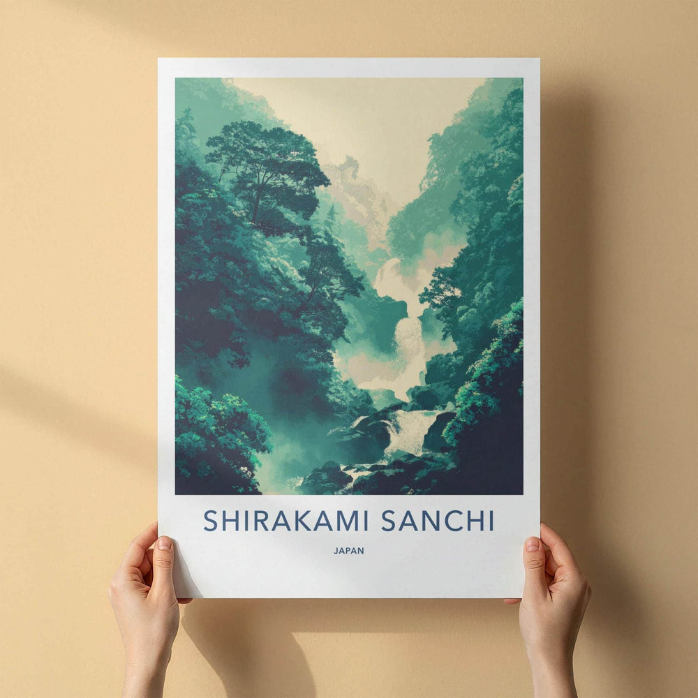 Shirakami Sanchi Poster - Japan Travel Art - Misty Forest Waterfall Home Decor