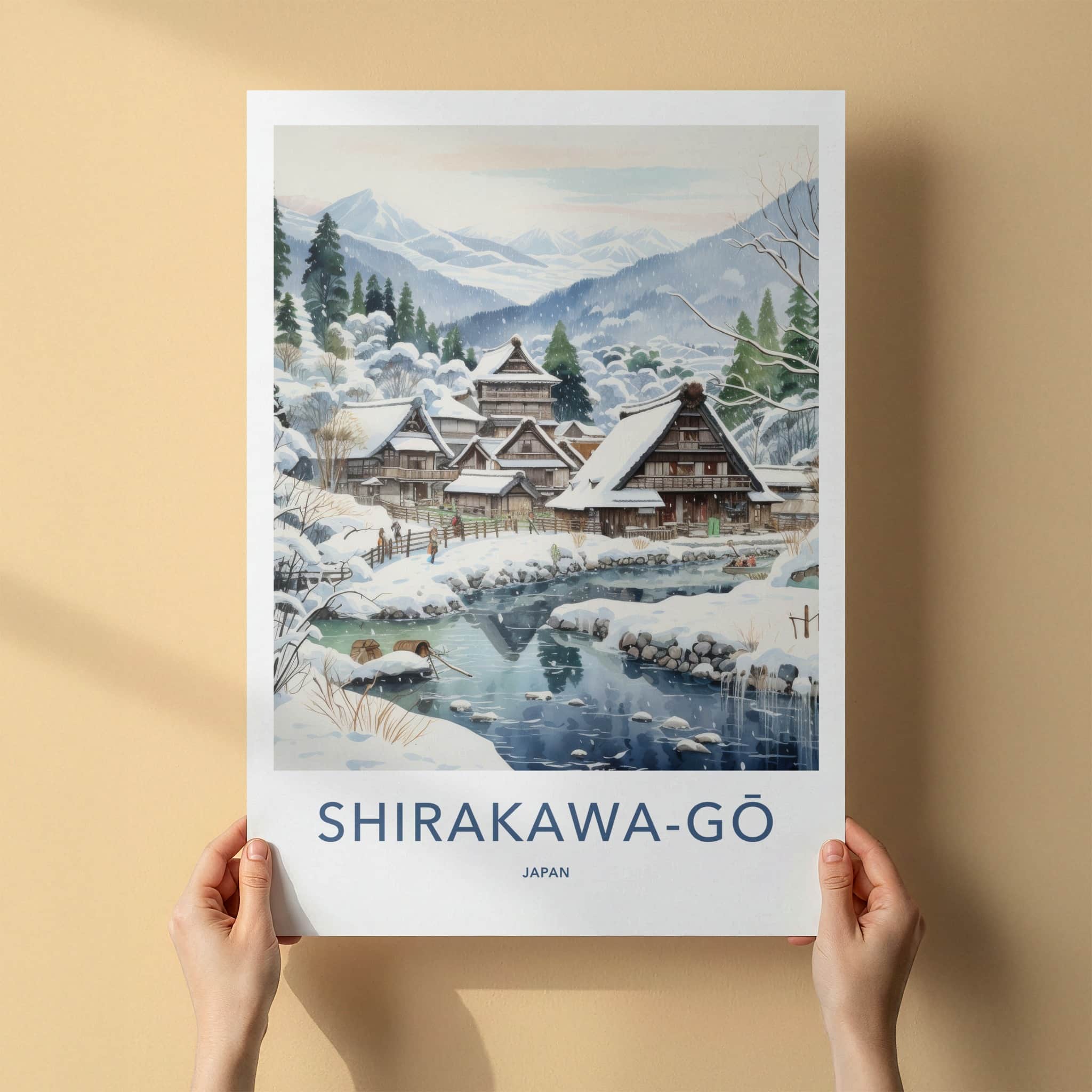 Shirakawa-Go Poster - Japan Travel Art - Snowy Village River Home Decor