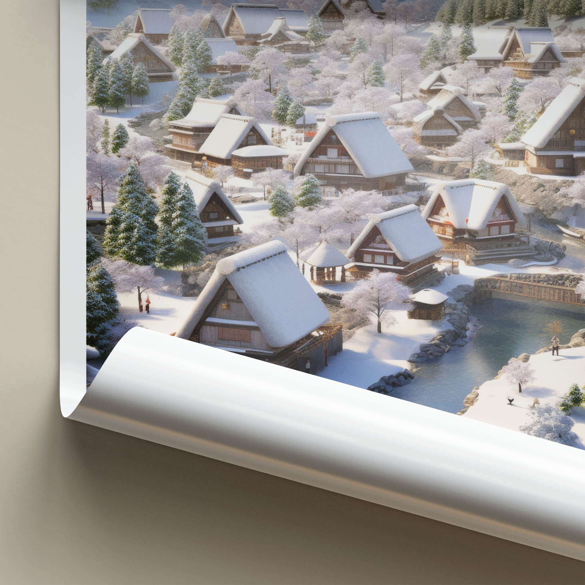 Shirakawa-Go Poster - Japan Travel Art - Snowy Village Stream Home Decor