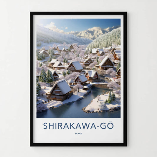 Shirakawa-Go Poster - Japan Travel Art - Snowy Village Stream Home Decor