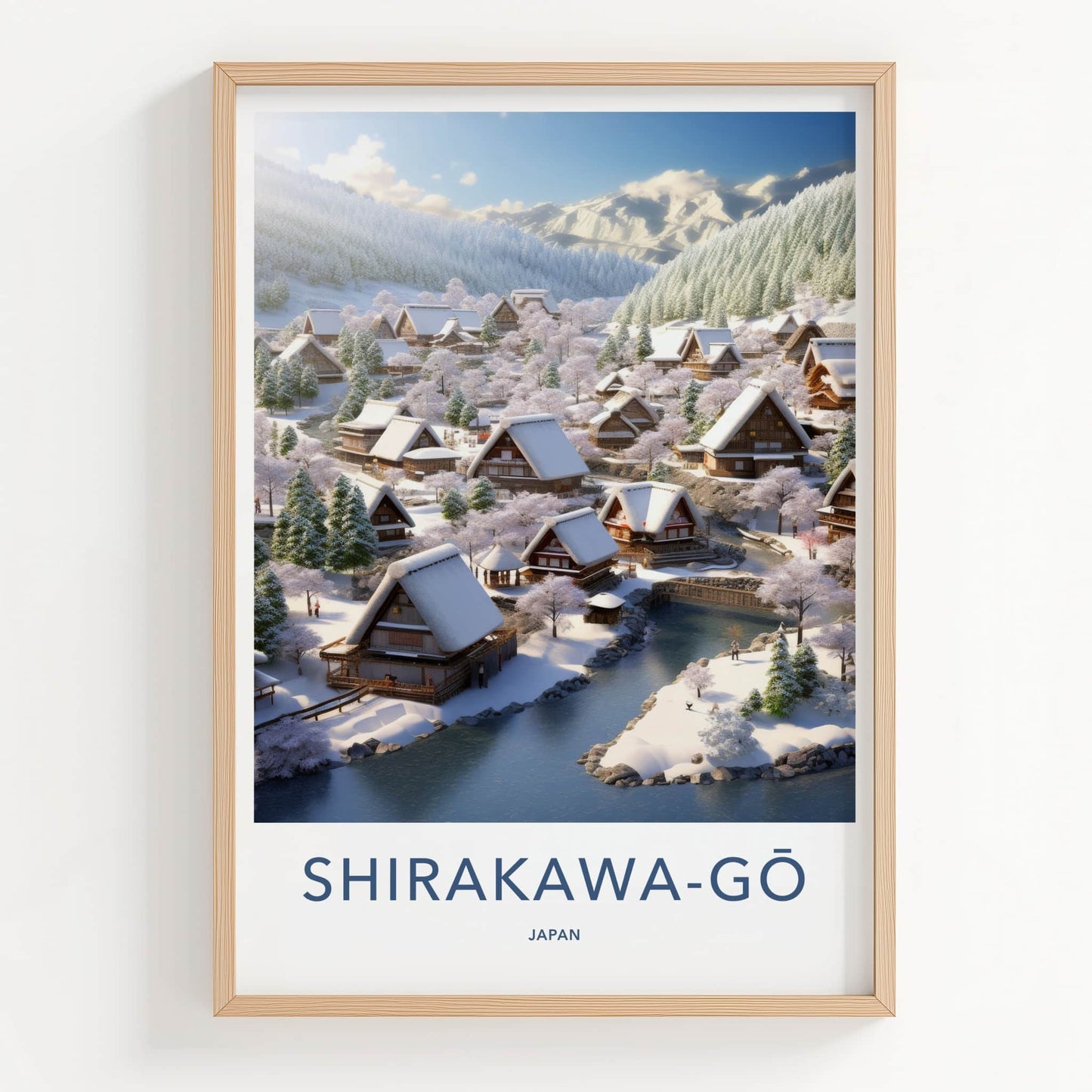 Shirakawa-Go Poster - Japan Travel Art - Snowy Village Stream Home Decor