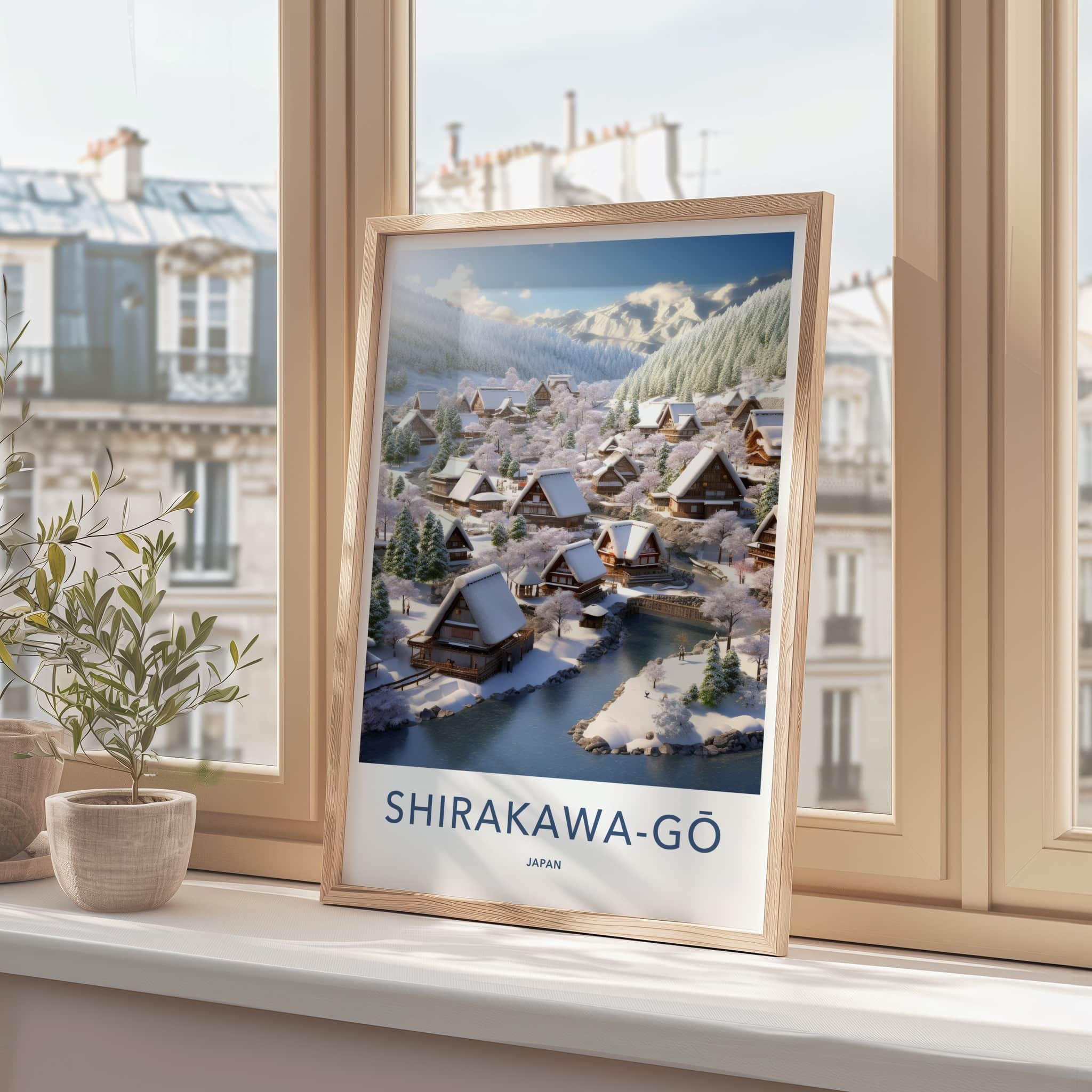 Shirakawa-Go Poster - Japan Travel Art - Snowy Village Stream Home Decor